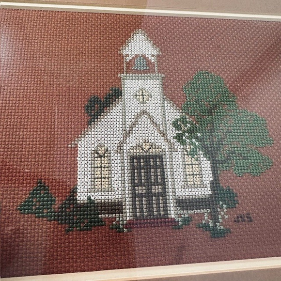 Vintage Framed Matted Cross Stitched Embroidered Folk Art Cabin/Church/LakeCabin - Picture 13 of 16